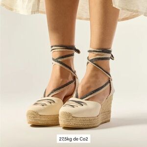 Odaje French Canvas Espadrille Wedge Sandals with Ankle Tie in Beige
